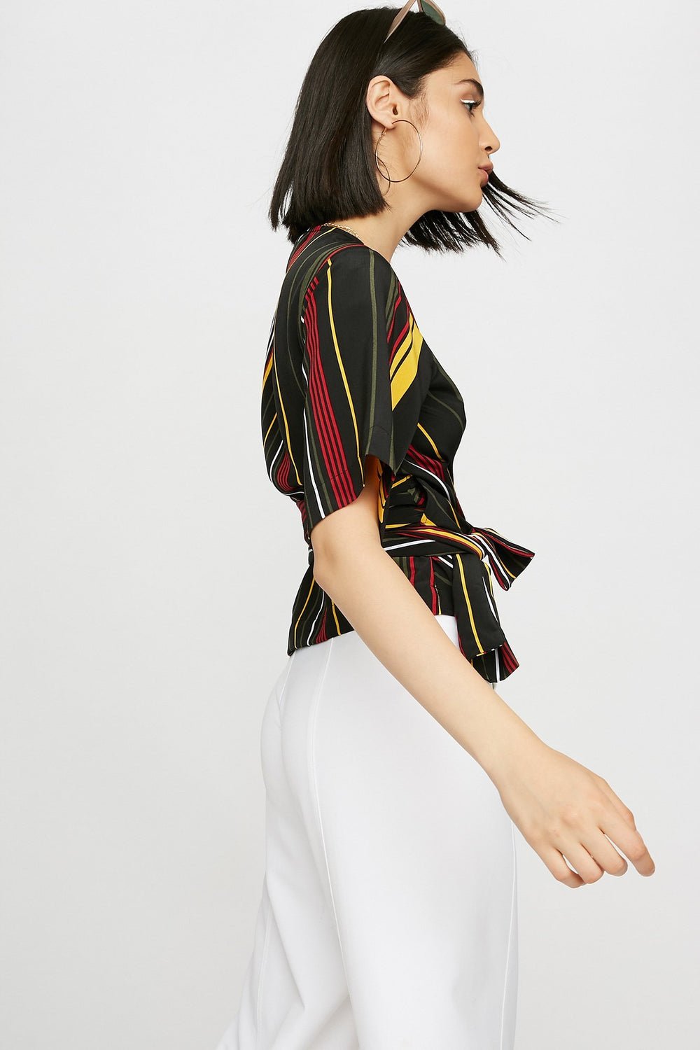 Women Blouse courte cache-cur rayée à encolure en V Multi