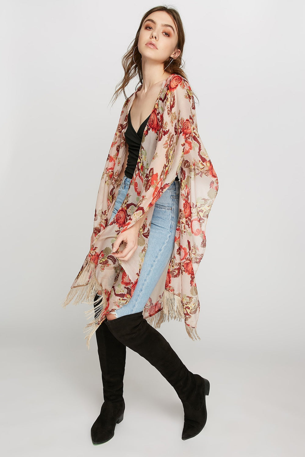 Women Châle fleuri diaphane avec franges Multi