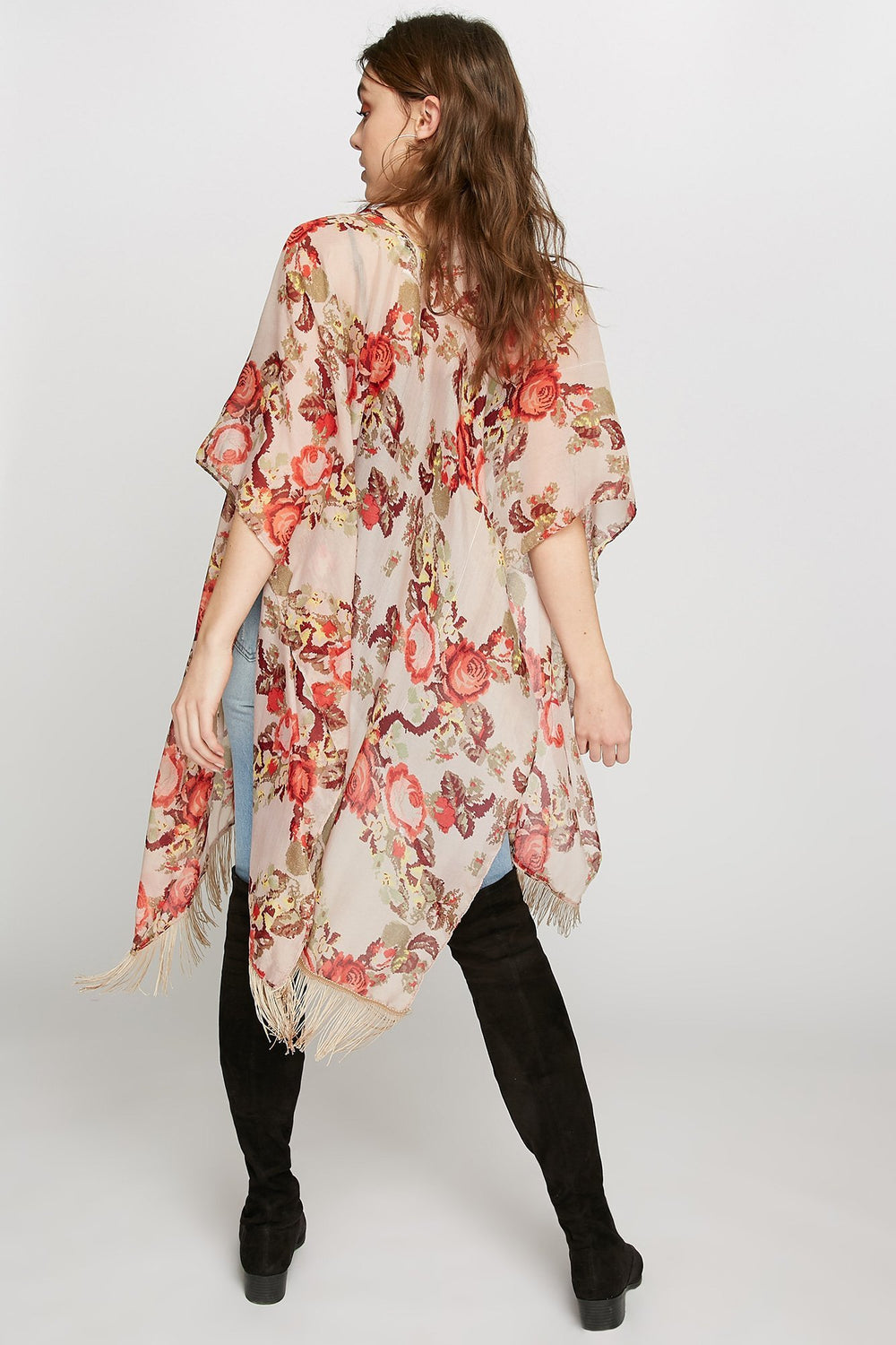 Women Floral Fringe Sheer Shawl Multi