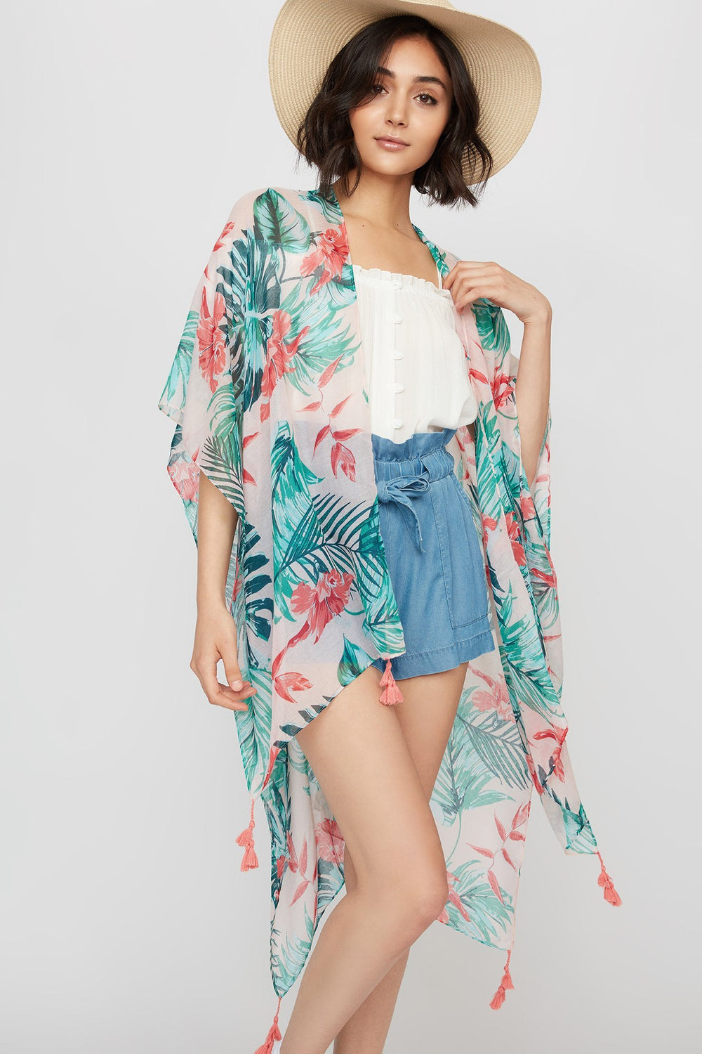 Women Kimono à motif tropical avec pampilles Multi