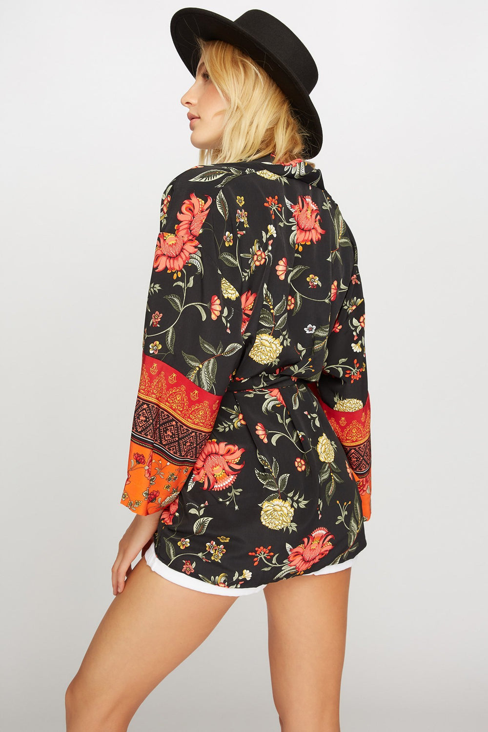 Women Kimono ouvert fleuri avec attache Multi
