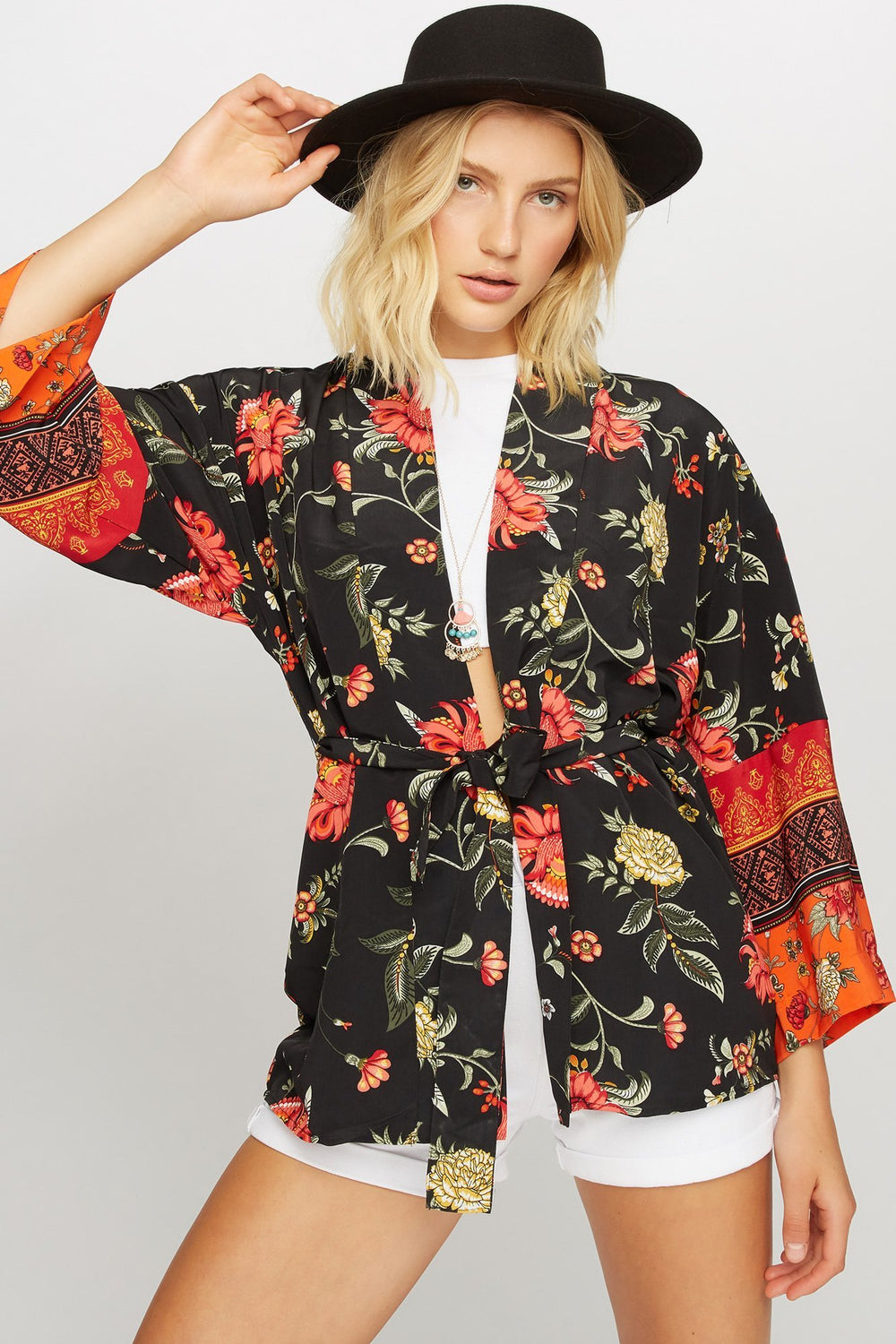 Women Kimono ouvert fleuri avec attache Multi