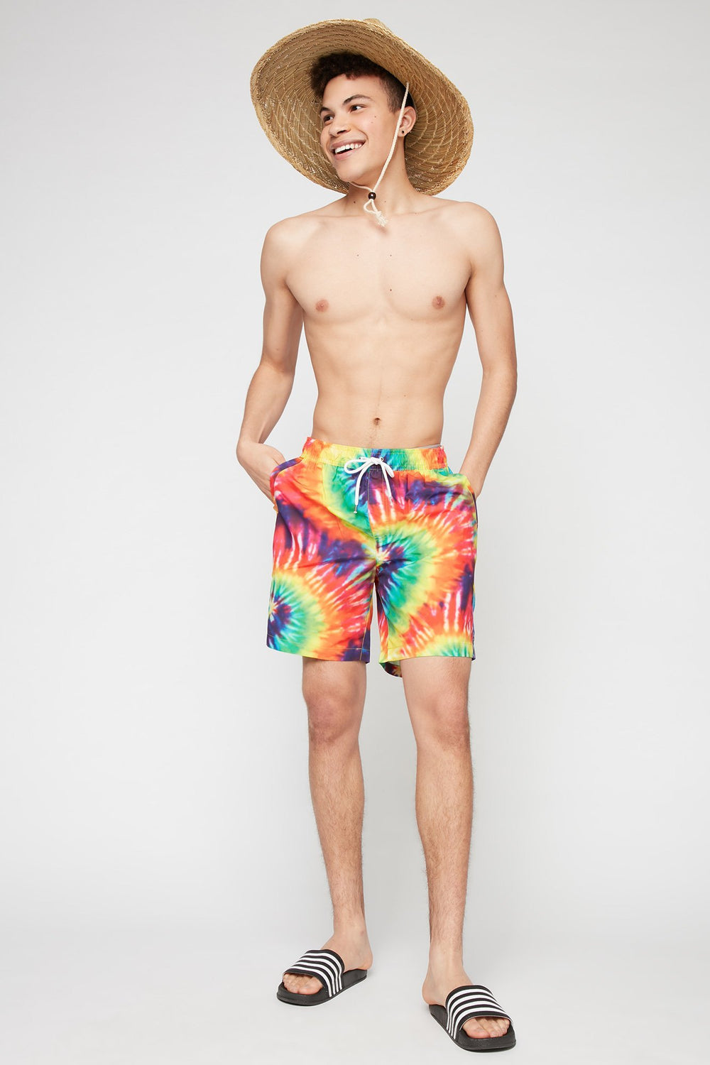 Men Short de surfeur teint par espacements à taille coulissante Multi