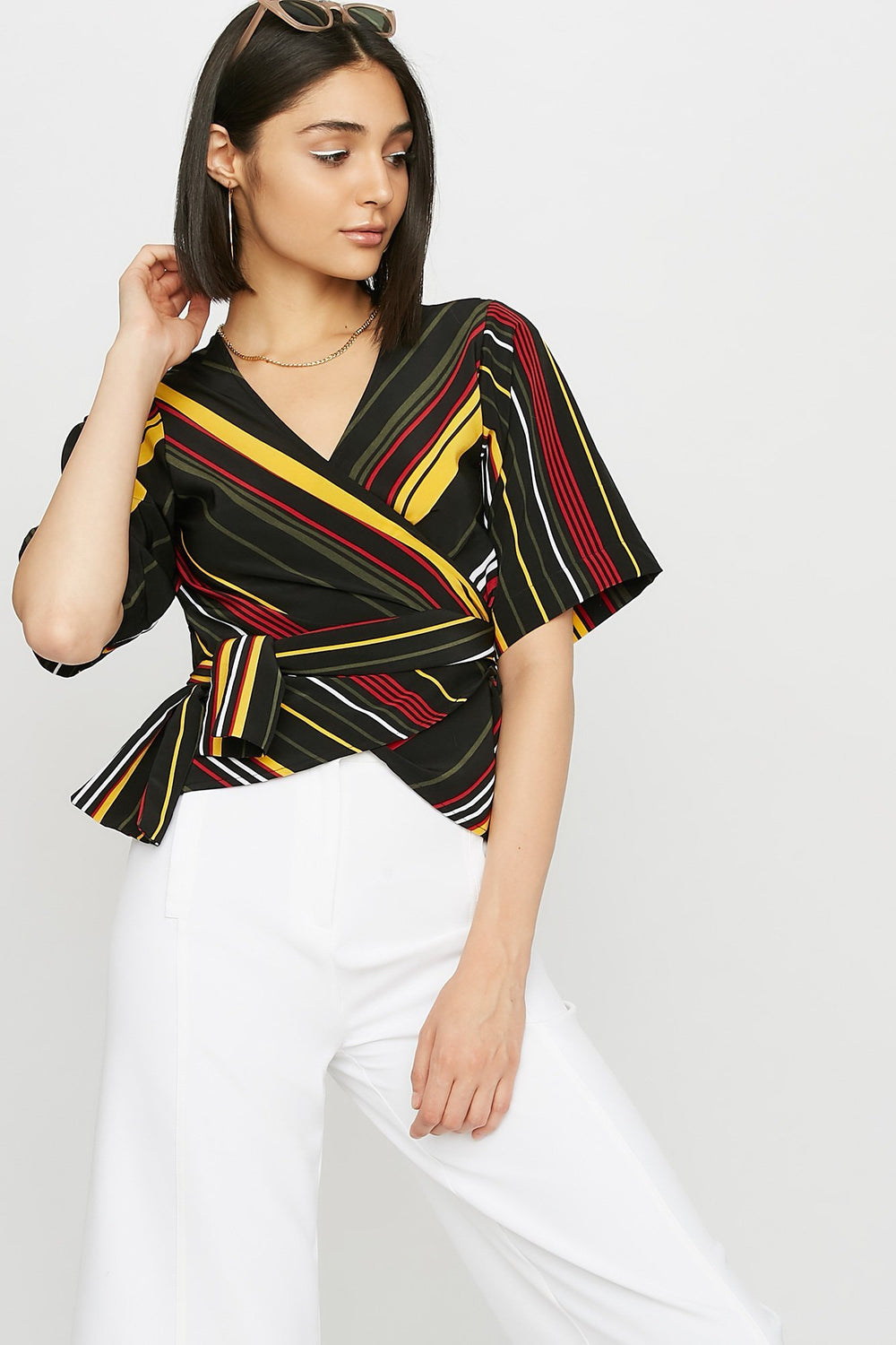 Women V-Neck Striped Wrap Cropped Blouse Multi