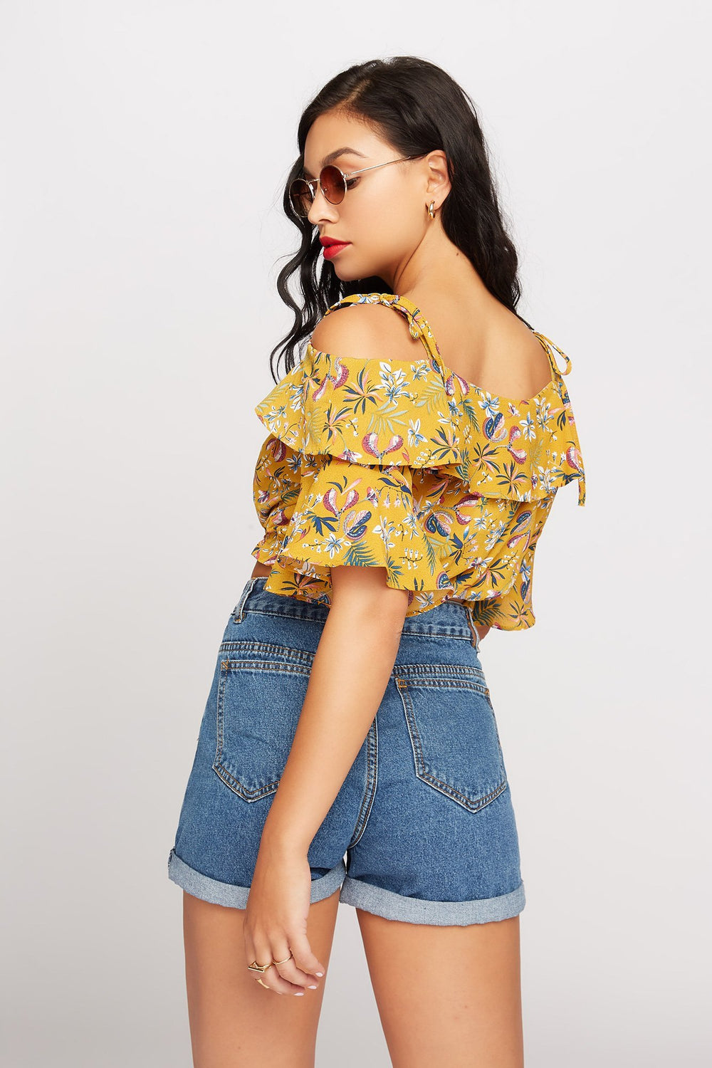 Women Cold Shoulder Floral Ruffle Bell Sleeve Cinched Cropped Blouse Mustard