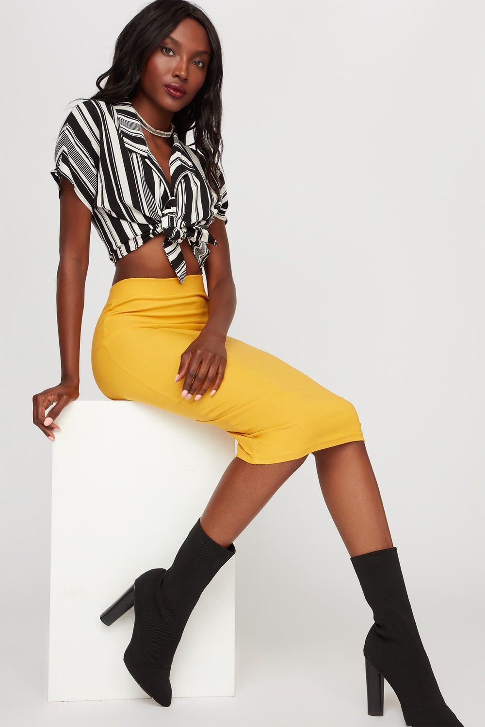 Women High-Rise Pull-On Midi Skirt Mustard