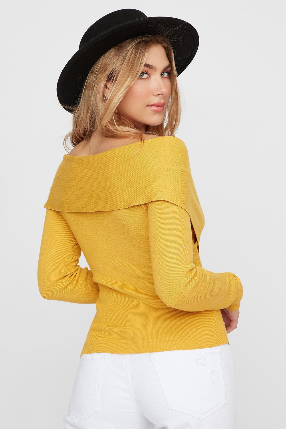 Women Off The Shoulder Cross-Front Ribbed Long Sleeve Mustard
