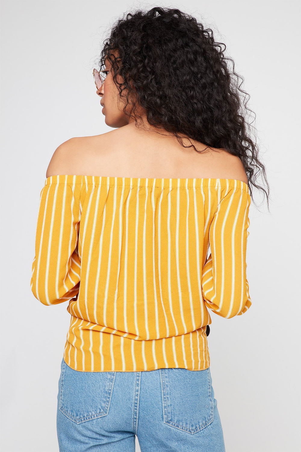 Women Off The Shoulder Printed Front-Knot Blouse Mustard