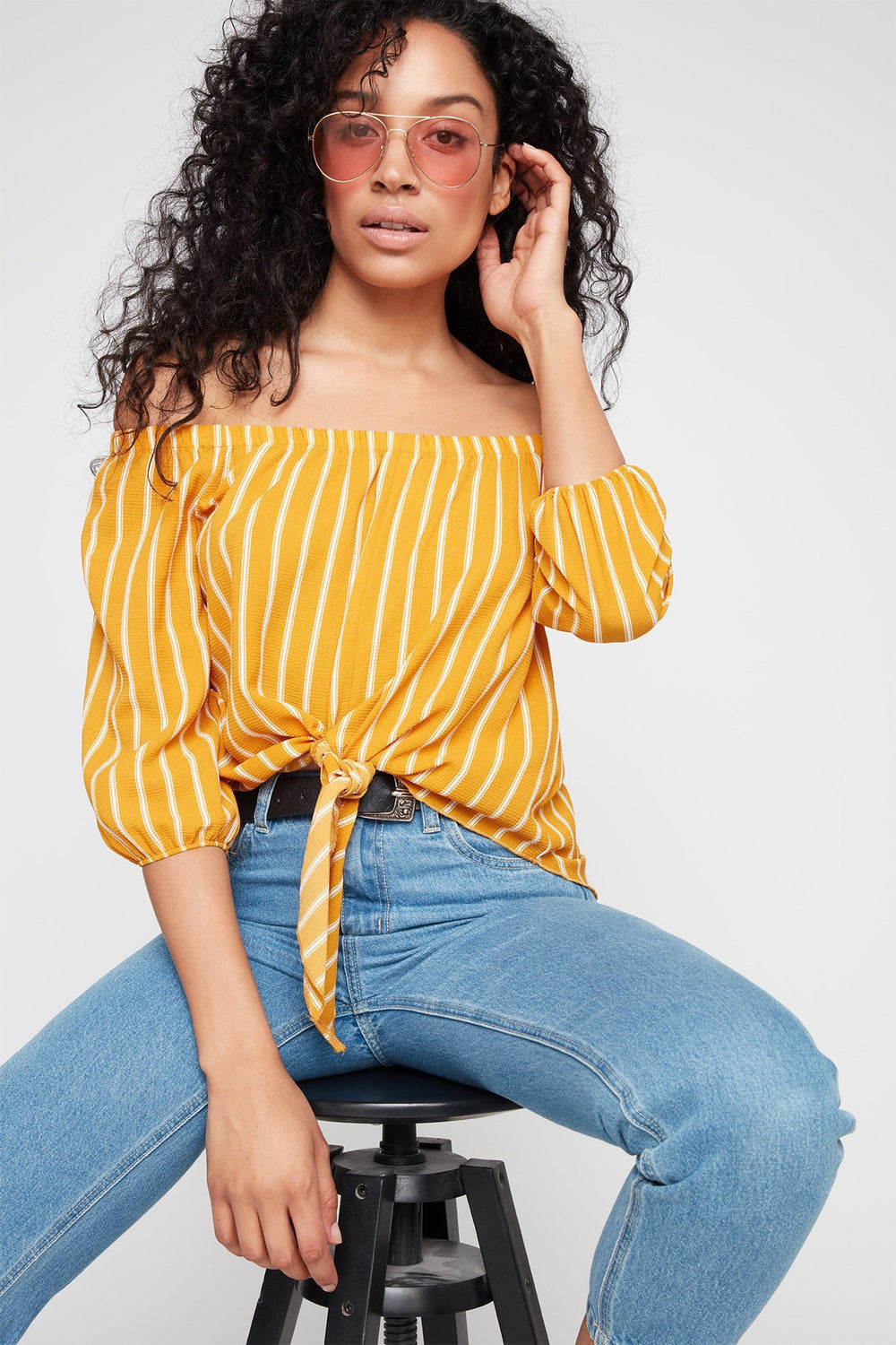 Women Off The Shoulder Printed Front-Knot Blouse Mustard