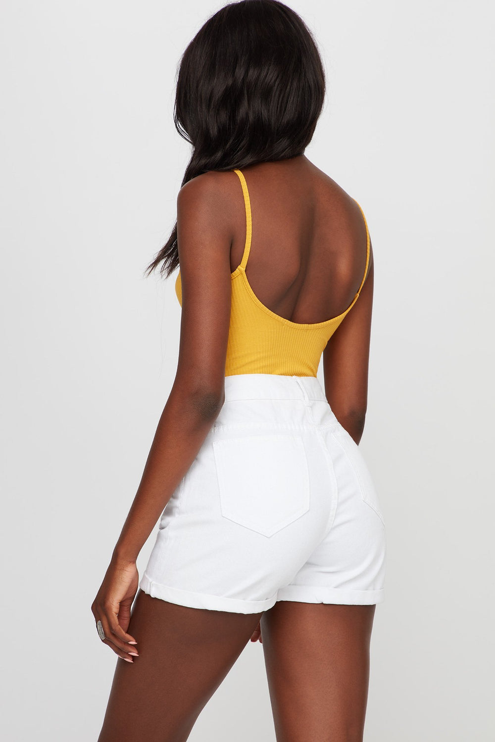 Women Ribbed High-Neck Open-Back Bodysuit Mustard