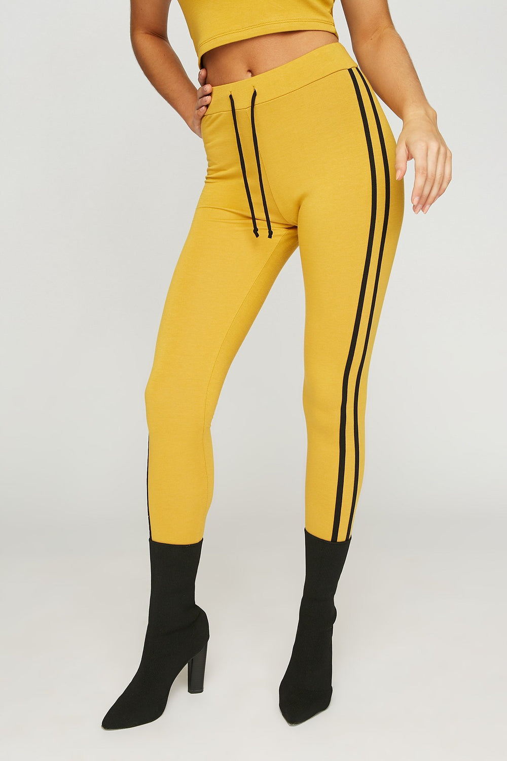 Women Ribbed Varsity Striped Drawstring Pant Mustard