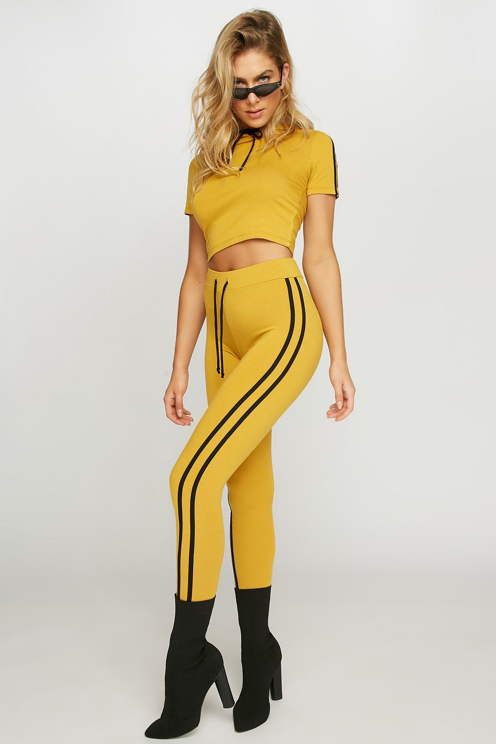 Women Ribbed Varsity Striped Hooded Cropped T-Shirt Mustard
