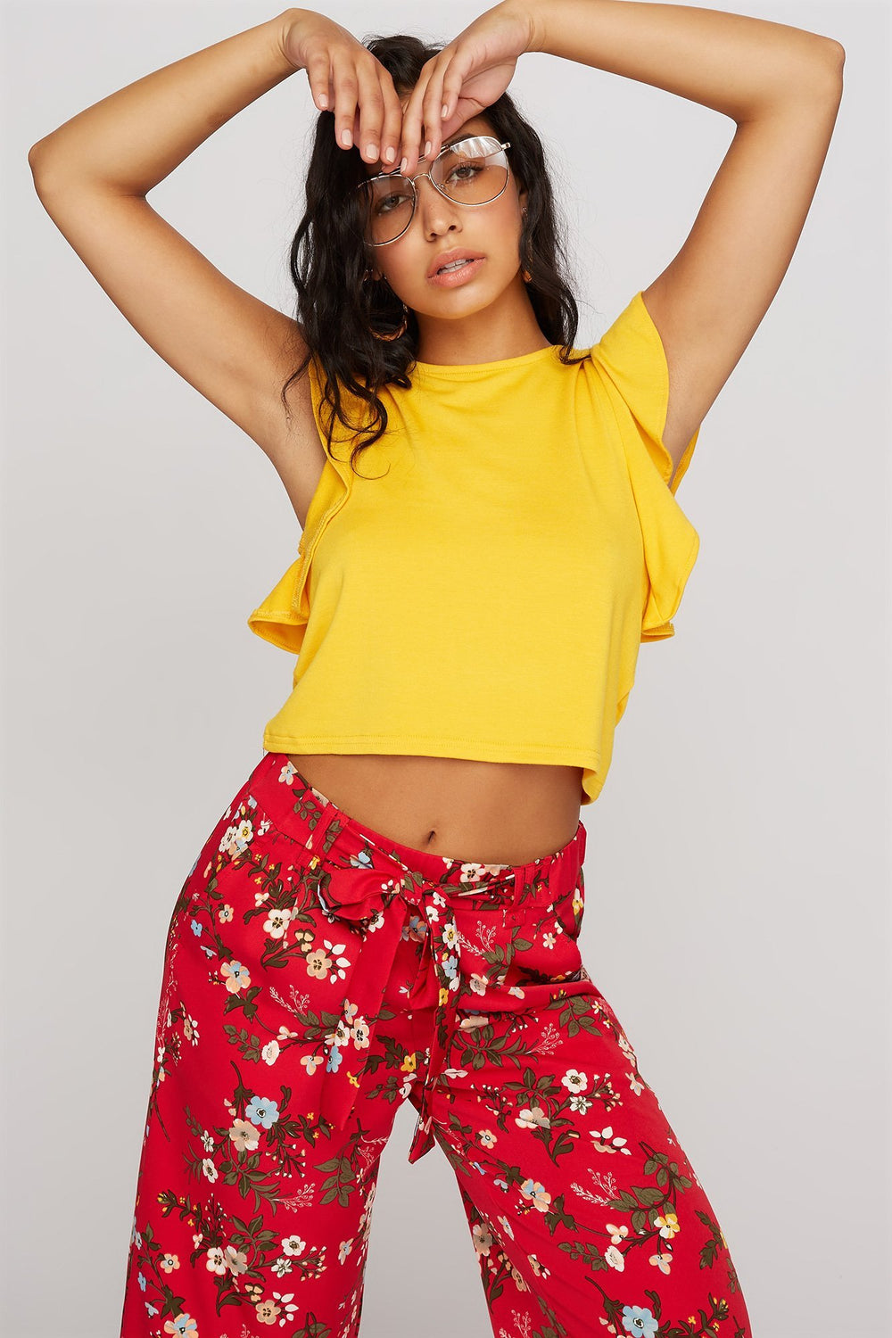 Women Ruffle Cropped Sweater Mustard