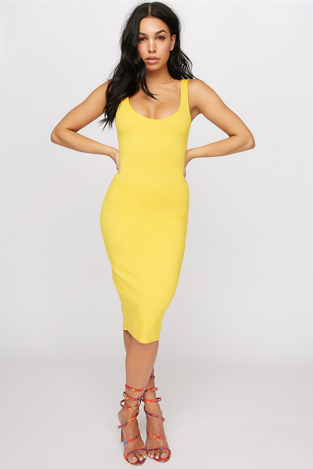 Women Scoop Neck Ribbed Midi Bodycon Dress Mustard