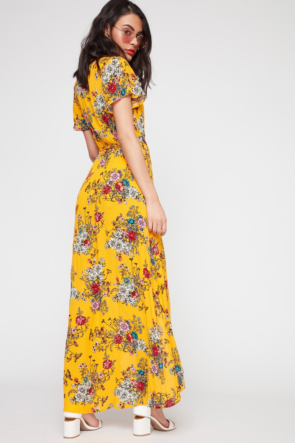 Women Short Sleeve Printed Maxi Wrap Dress Mustard