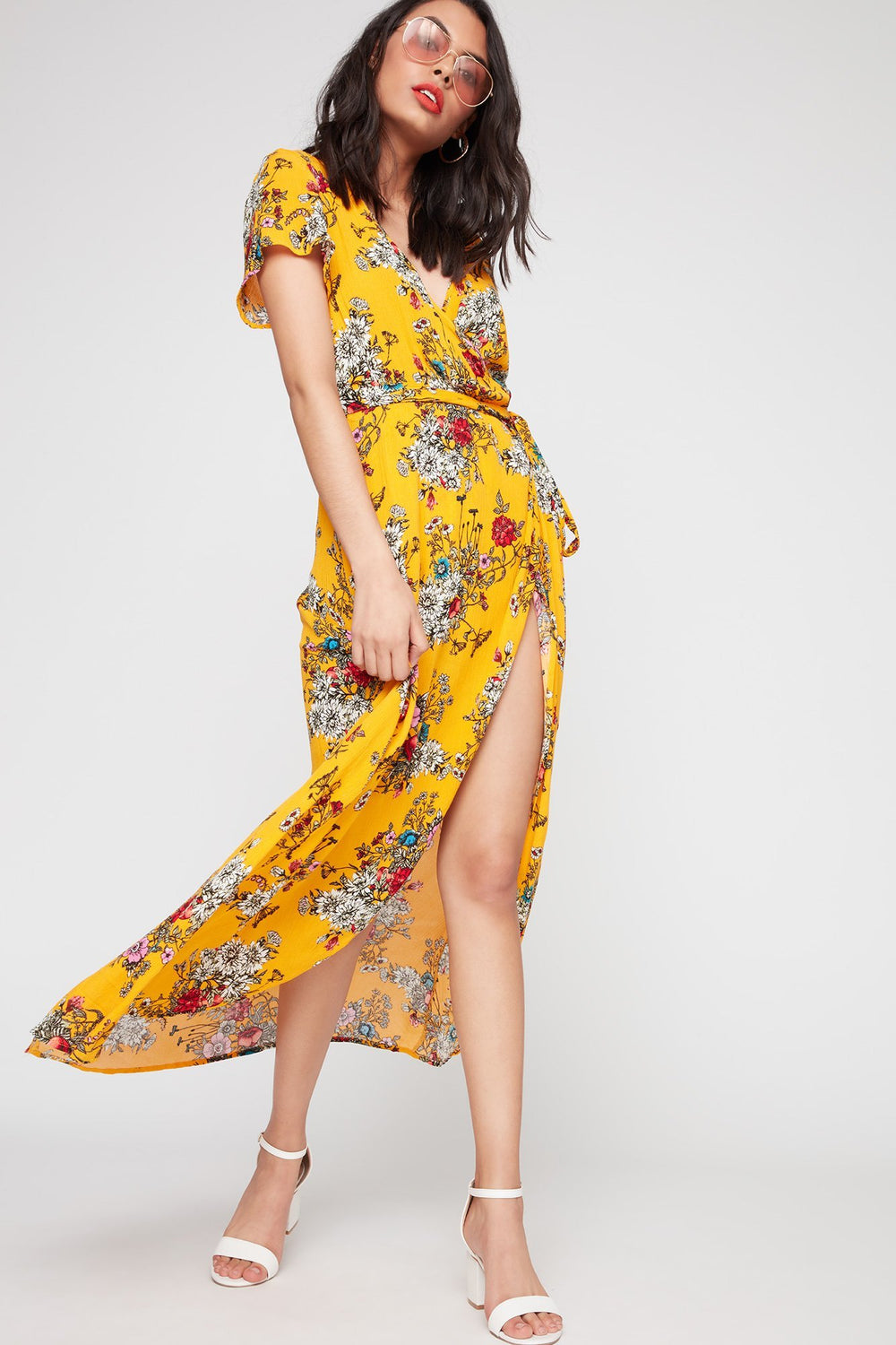 Women Short Sleeve Printed Maxi Wrap Dress Mustard