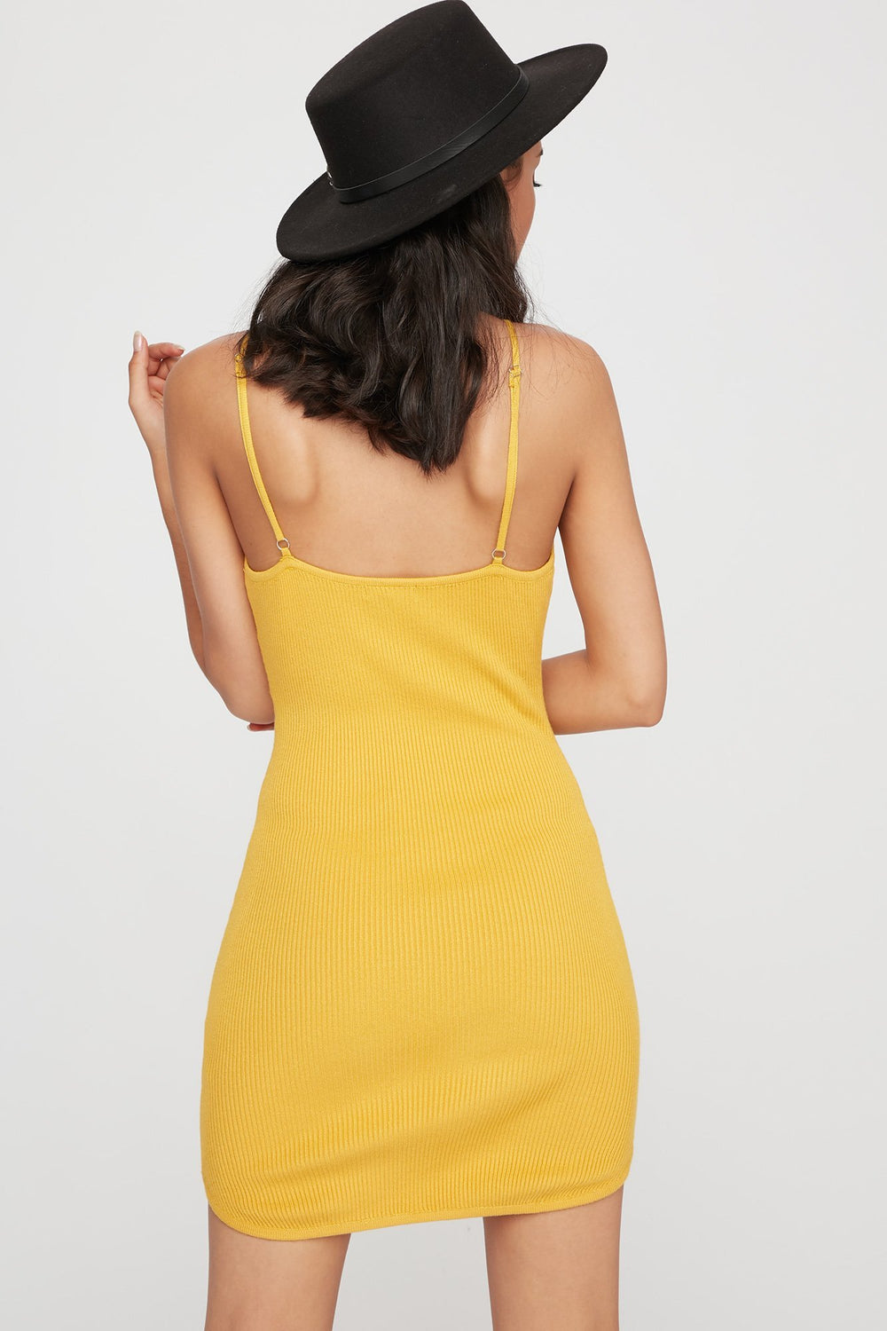Women V-Neck Ribbed Bodycon Dress Mustard