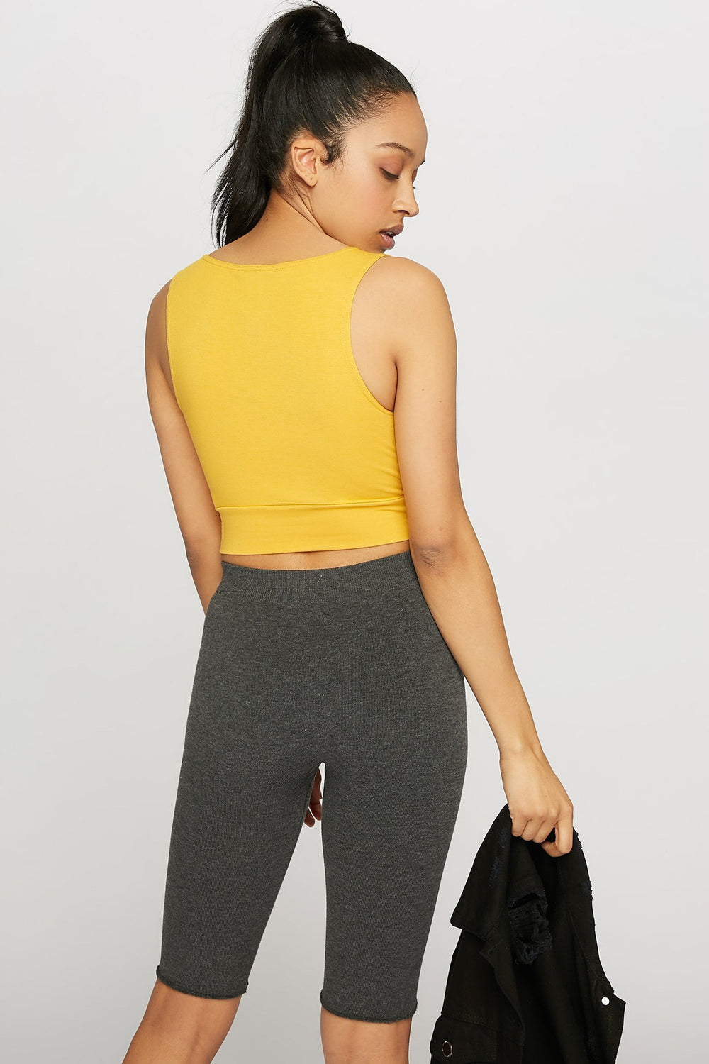 Women V-Neck Twist Front Cropped Tank Mustard