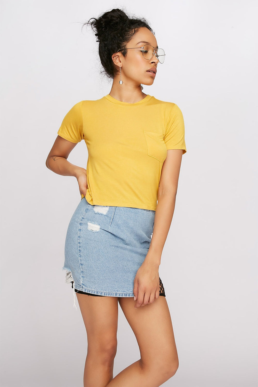 Women Basic Crewneck Pocket T-Shirt Mustard