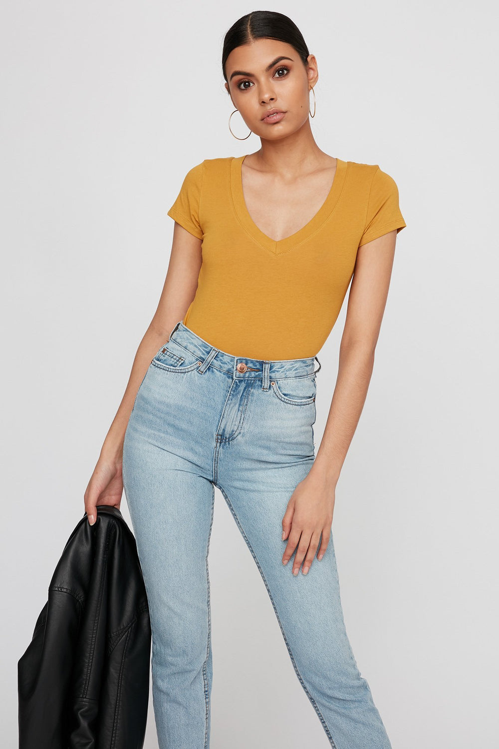 Women Basic V-Neck T-Shirt Mustard