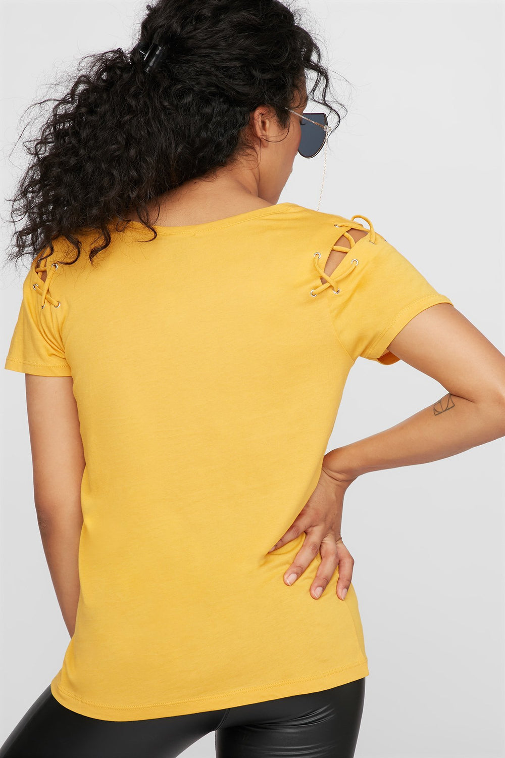 Women Caged Shoulder T-Shirt Mustard