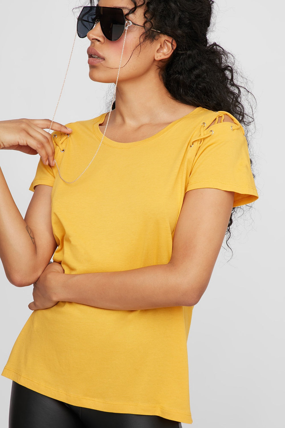 Women Caged Shoulder T-Shirt Mustard