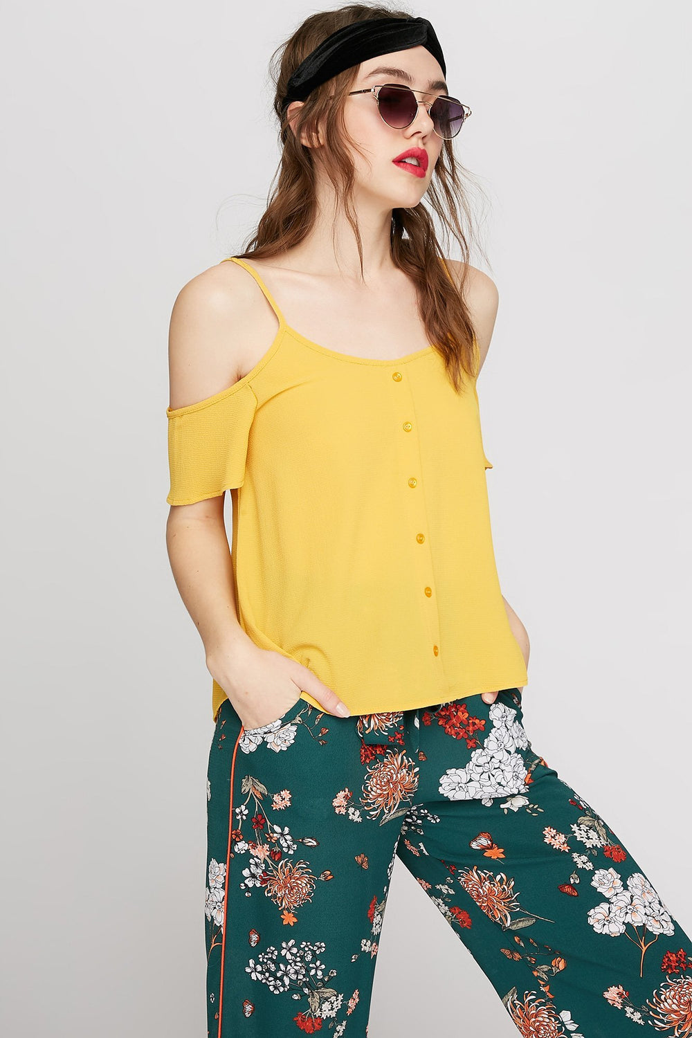 Women Cold Shoulder Button-Up Blouse Mustard