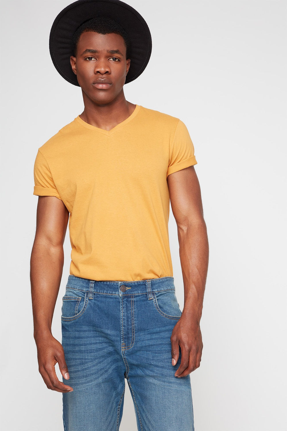 Men Coloured Basic V-Neck T-Shirt Mustard