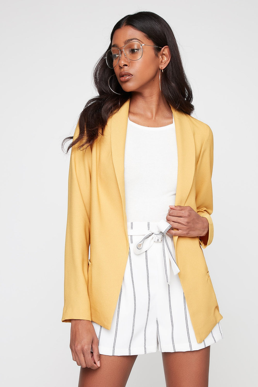 Women Crepe Open-Front Blazer Mustard