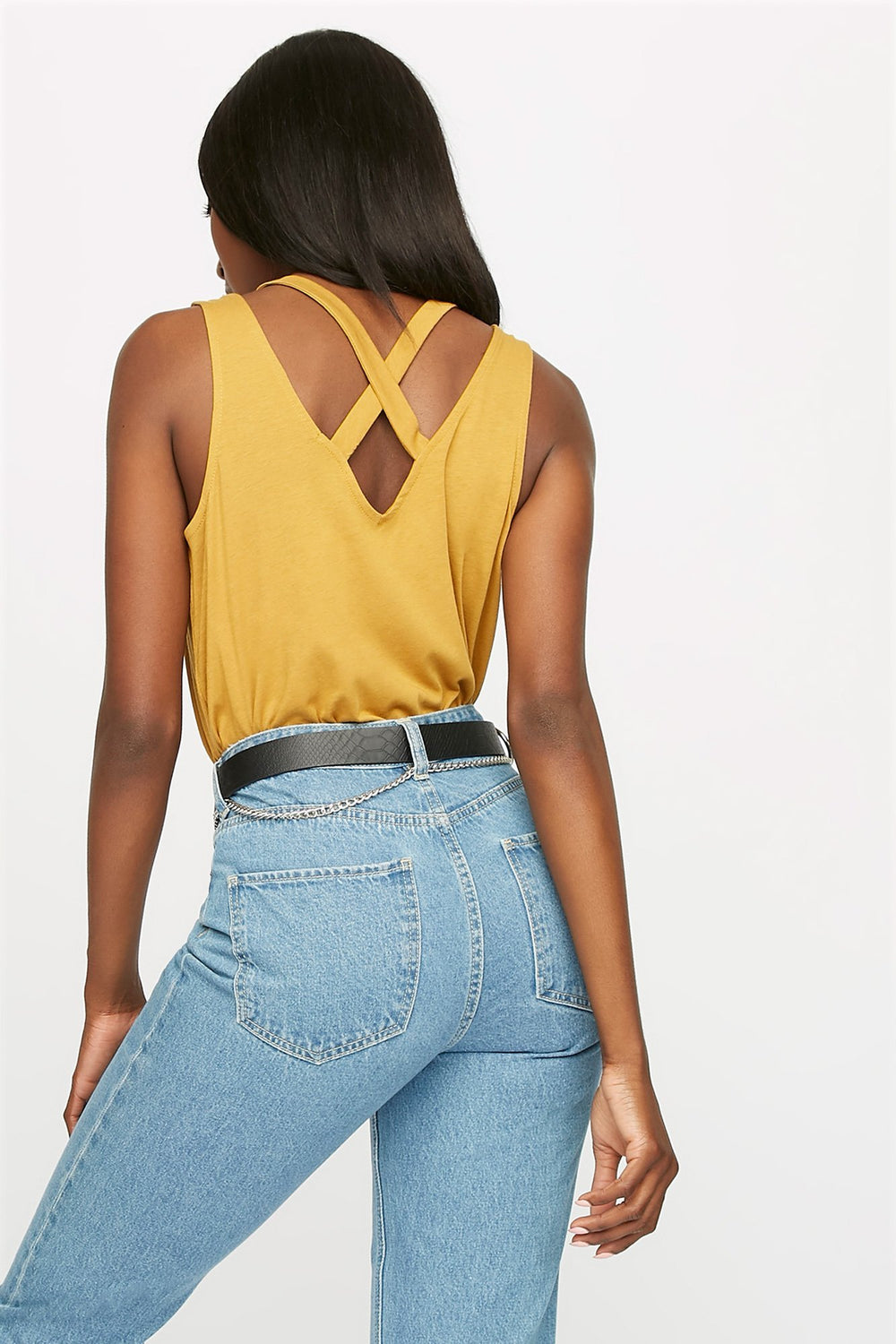 Women Crisscross Back V-Neck Tank Mustard