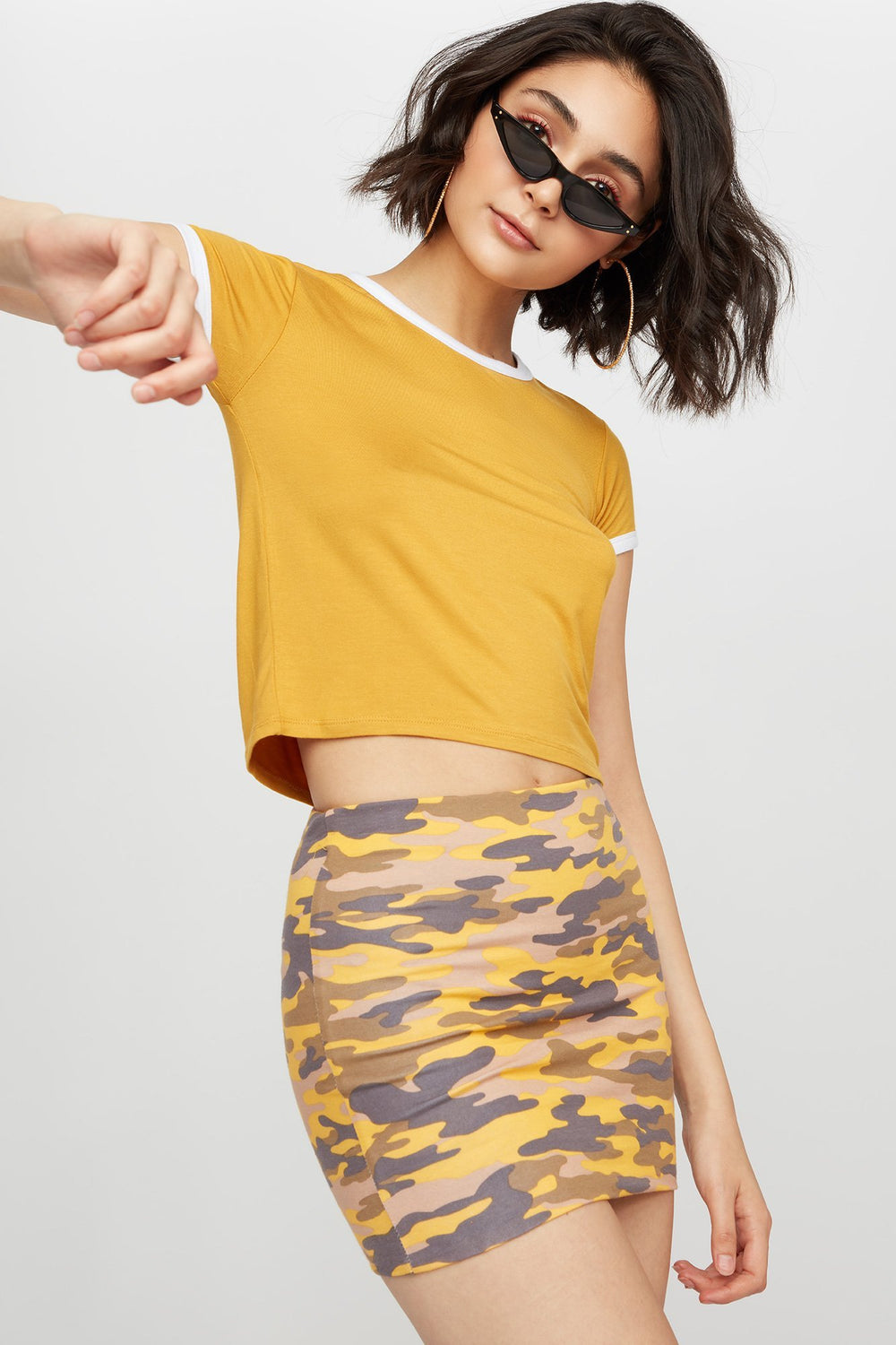 Women Cropped Ringer T-Shirt Mustard