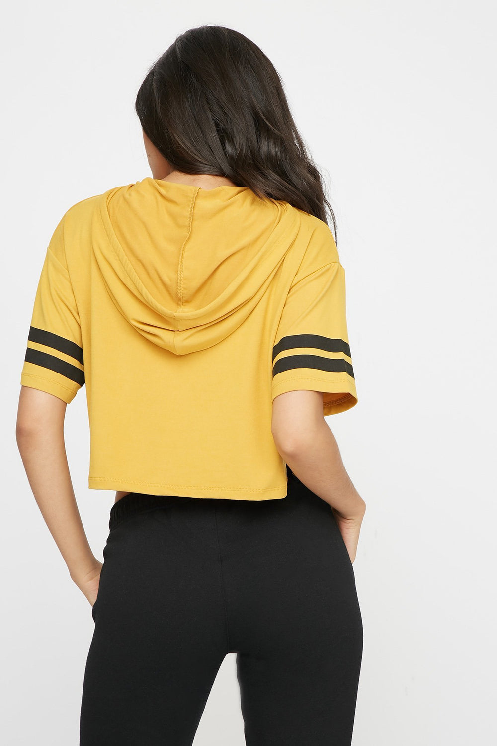 Women Cropped Varsity Striped Drawstring Hooded T-Shirt Mustard