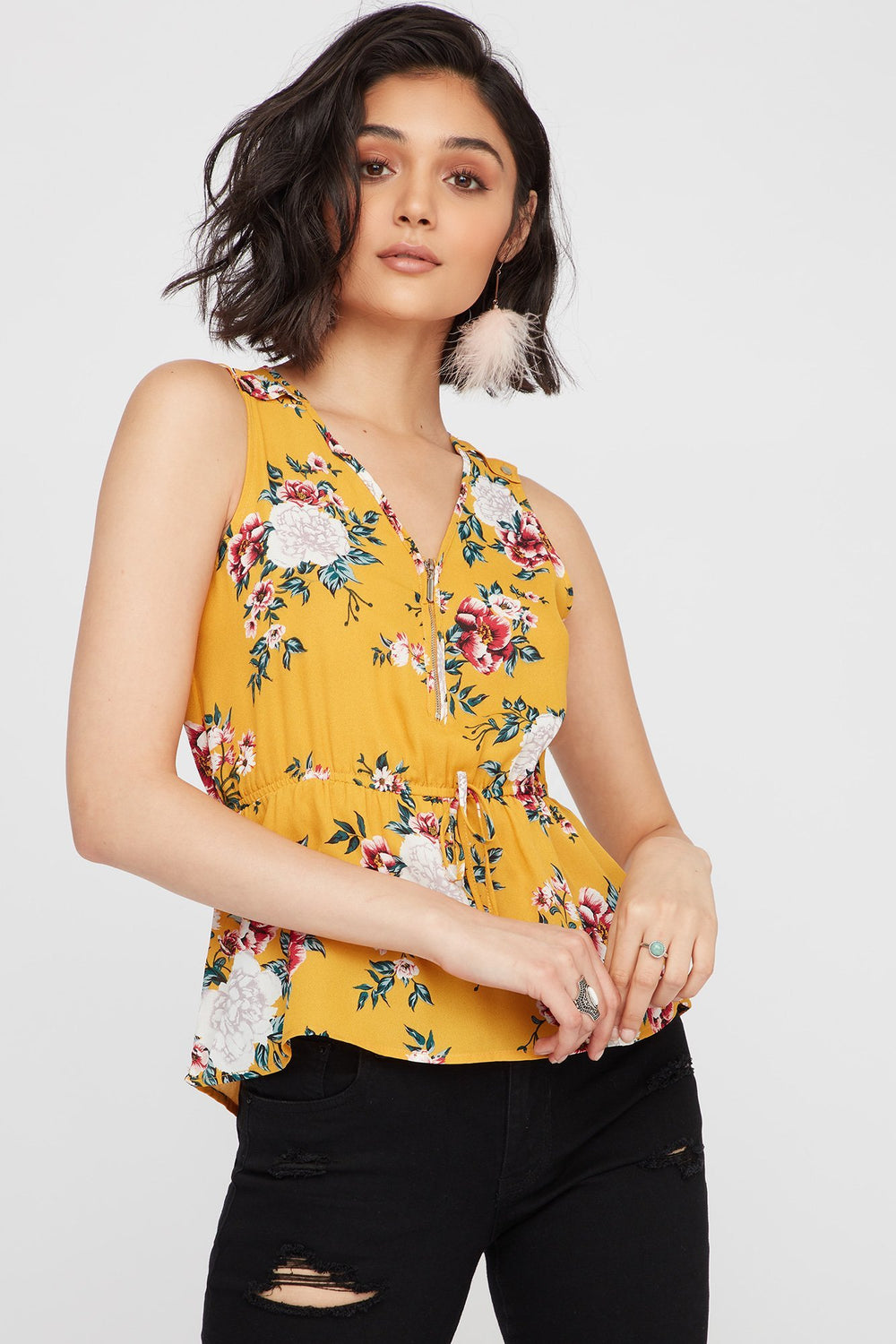 Women Floral Half-Zip Drawstring Blouse Mustard