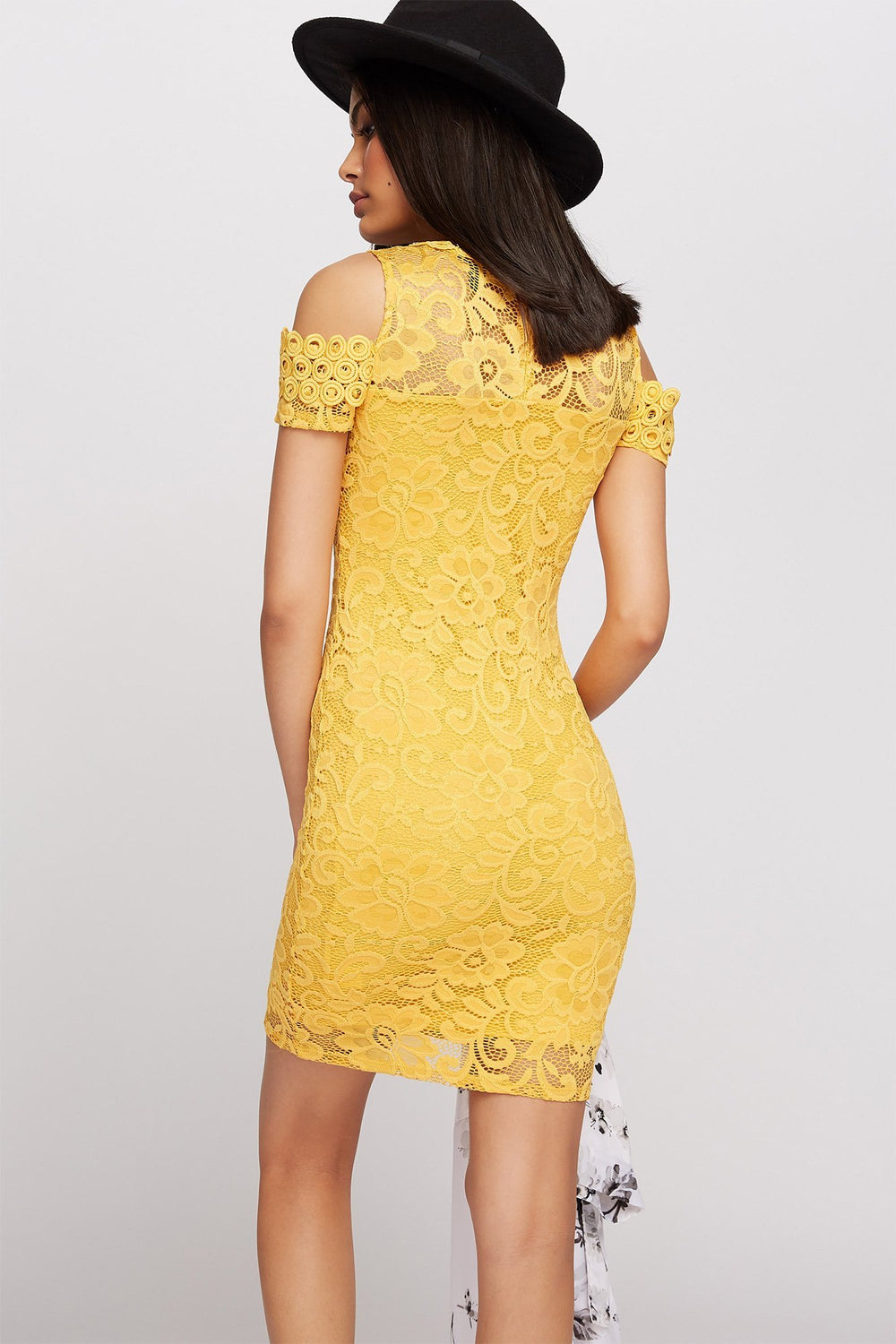 Women Floral Lace Cold Shoulder Bodycon Dress Mustard