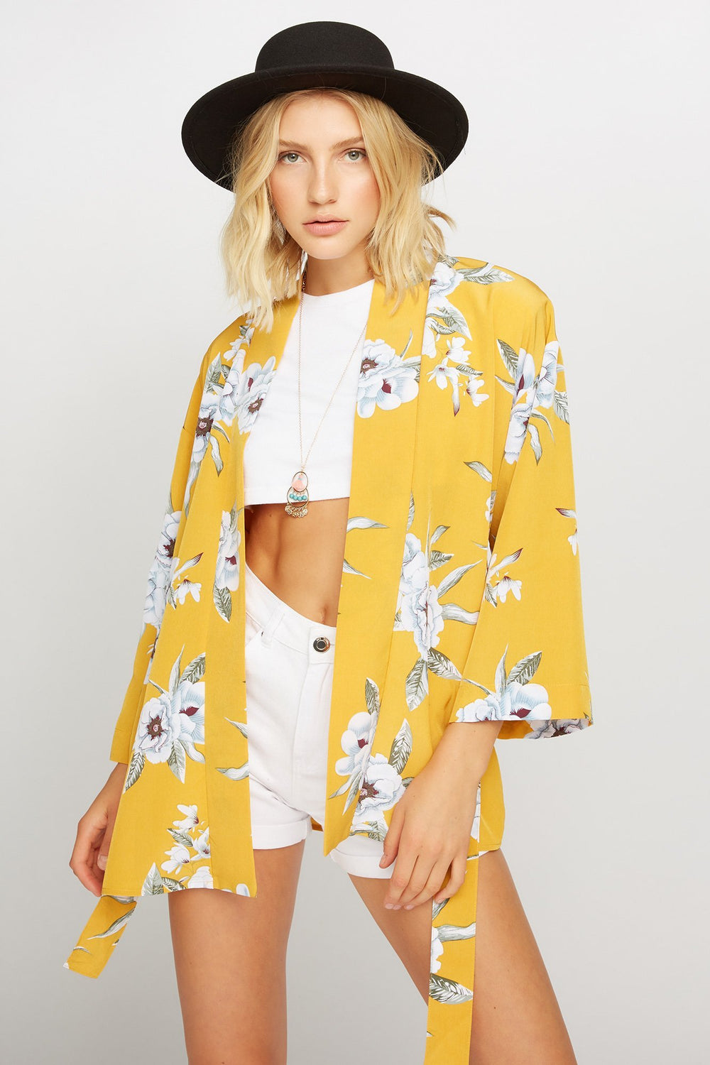 Women Floral Open-Front Self-Tie Kimono Mustard