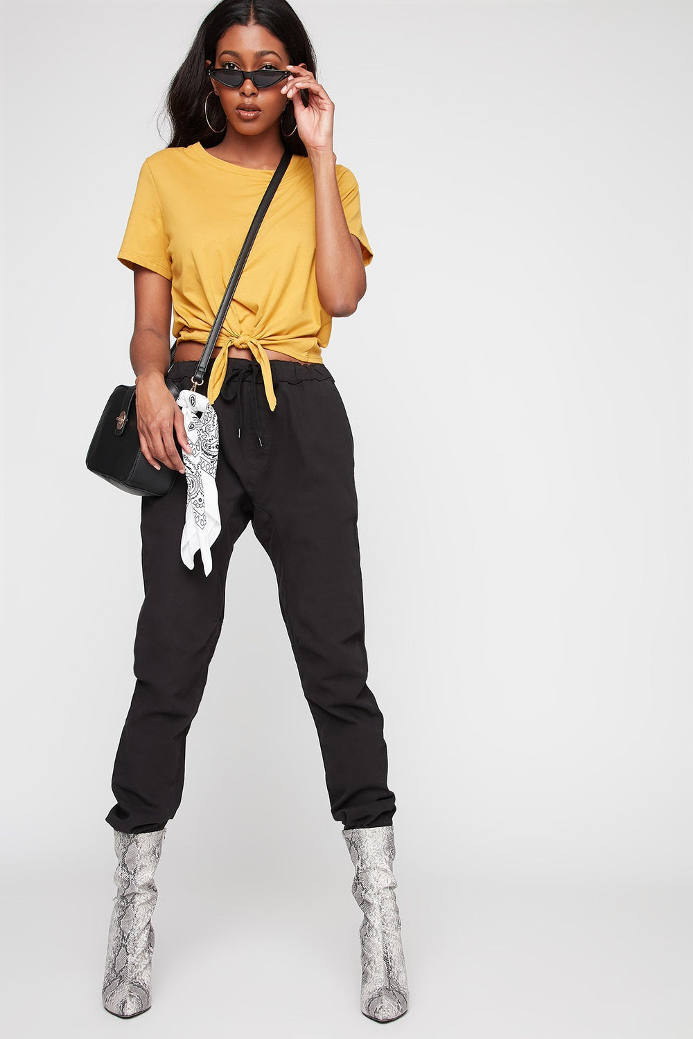 Women Front-Knot Self-Tie Crewneck T-Shirt Mustard