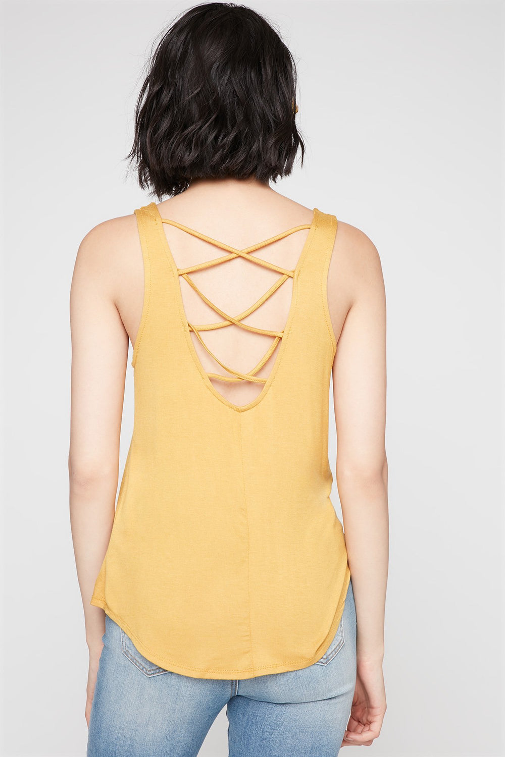 Women Good Vibes Caged Back Graphic Tank Mustard