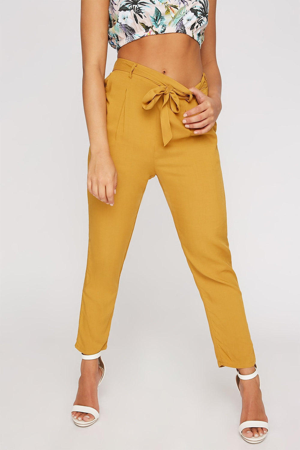 Women High-Rise Belted Self-Tie Pant Mustard