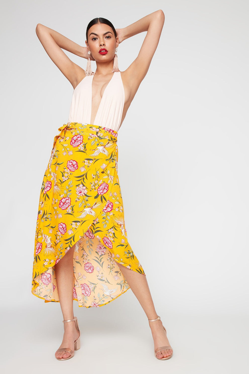 Women High-Rise Floral Wrap Maxi Skirt Mustard