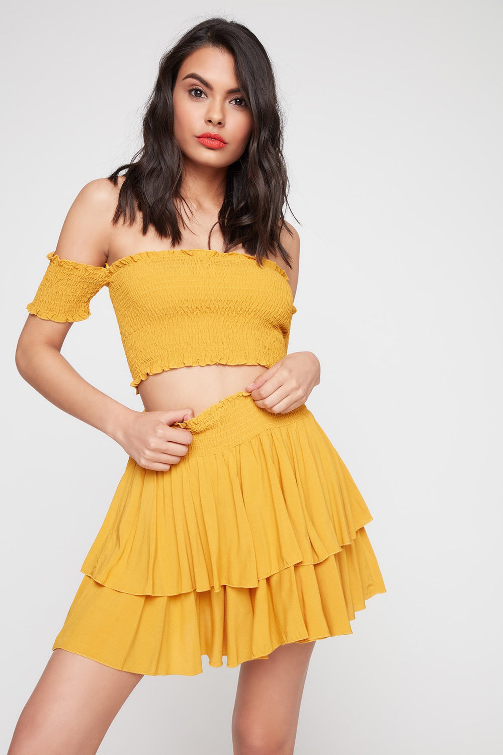 Women High-Rise Smocked Layered Ruffle Skirt Mustard