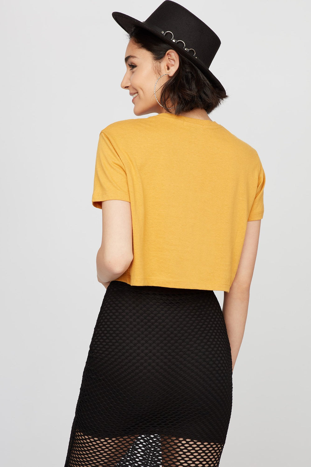 Women Hustle 85 Striped Graphic Cropped T-Shirt Mustard
