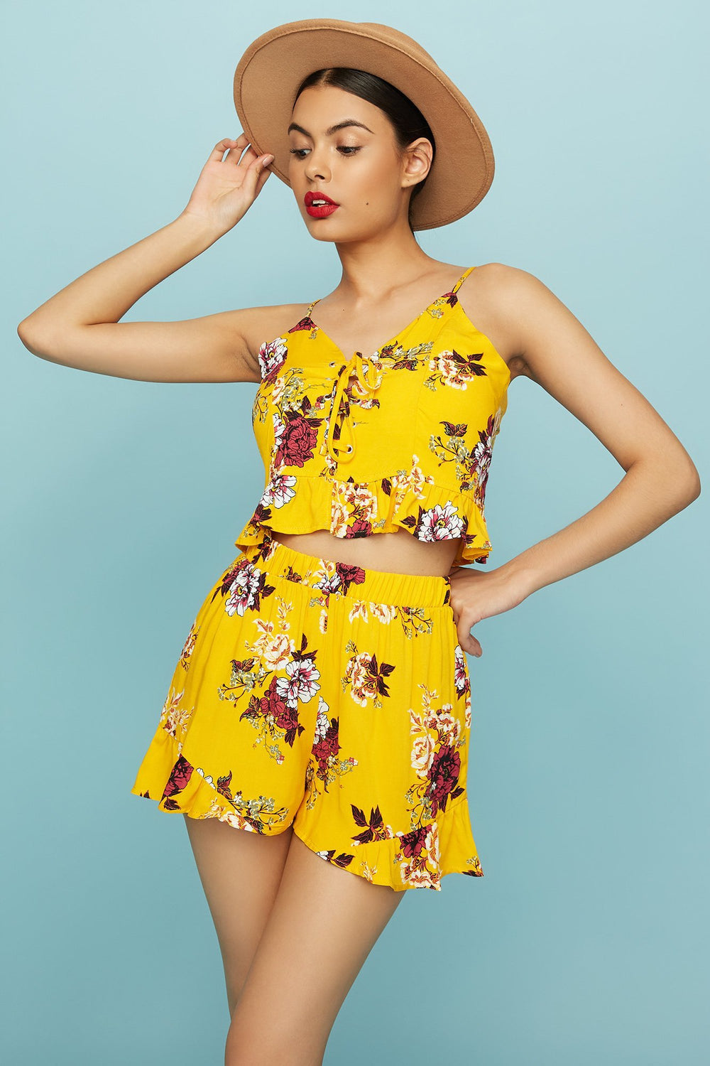 Women Lace-Up Floral Ruffle Cropped Camisole Mustard