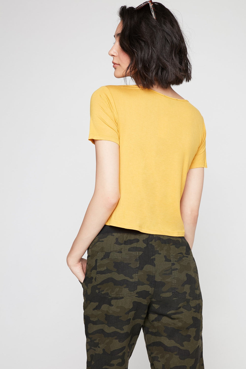 Women Lightweight Caged Neck T-Shirt Mustard