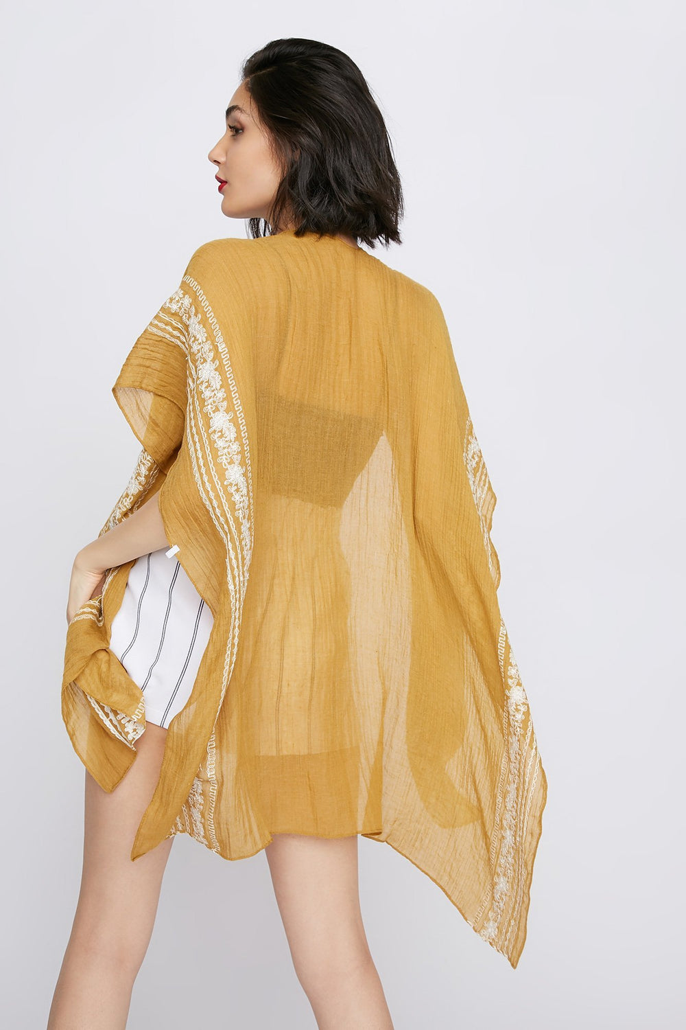 Women Lightweight Tribal Print Open-Front Kimono Mustard
