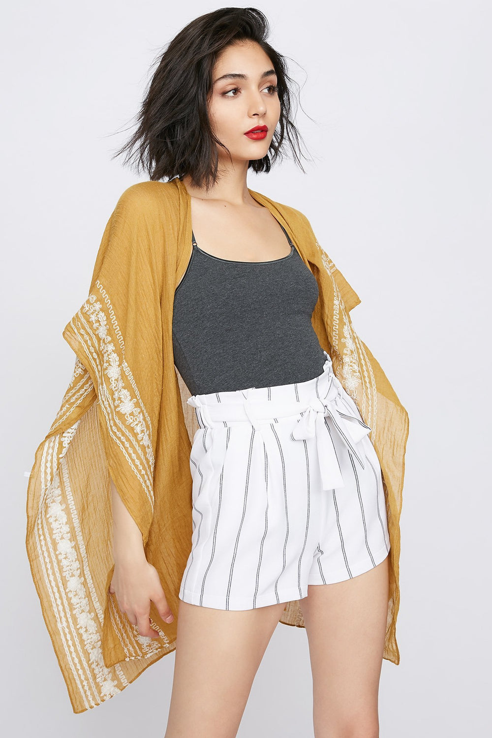 Women Lightweight Tribal Print Open-Front Kimono Mustard