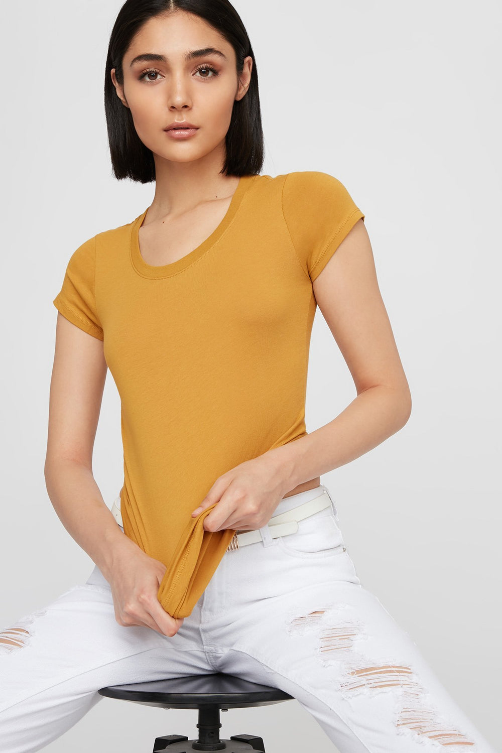Women Longline Basic Scoop Neck T-Shirt Mustard