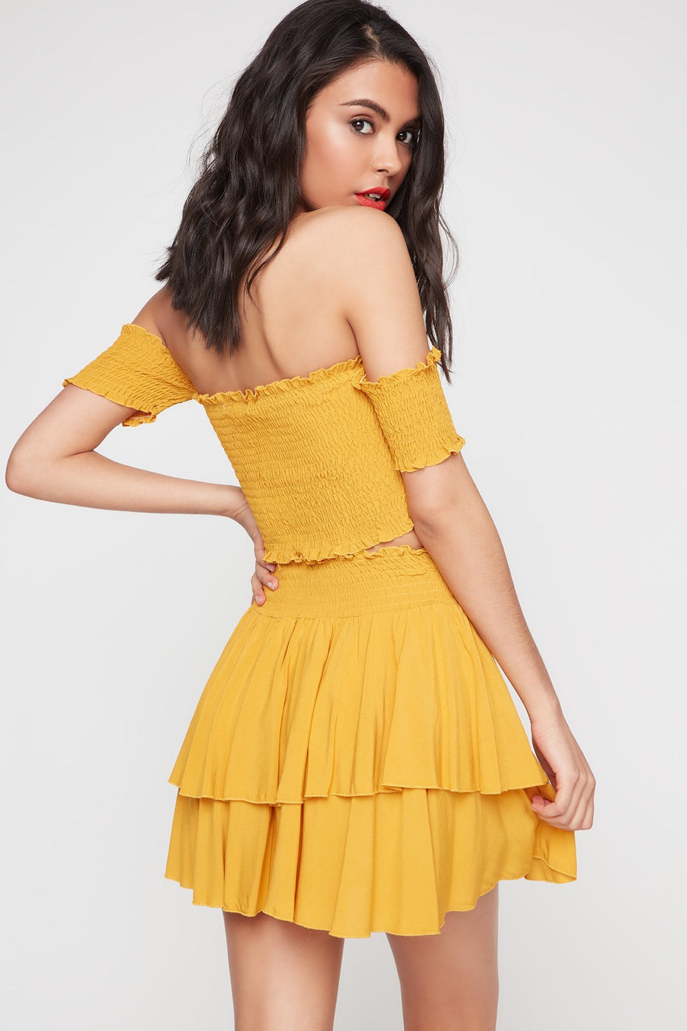 Women Off The Shoulder Smocked Cropped Blouse Mustard