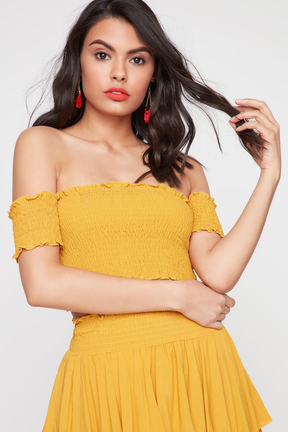 Women Off The Shoulder Smocked Cropped Blouse Mustard