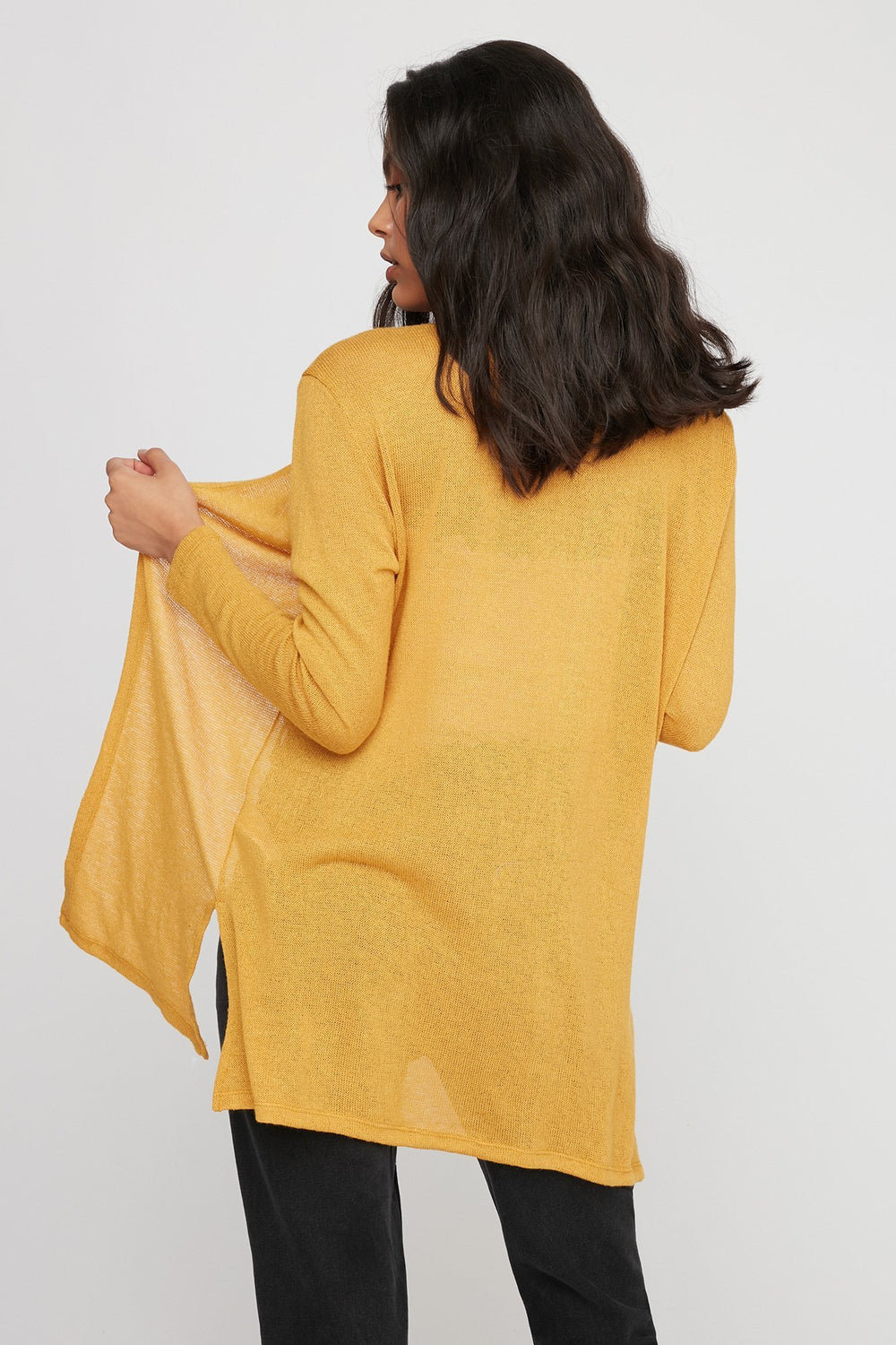 Women Open-Front Basic Longline Cardigan Mustard