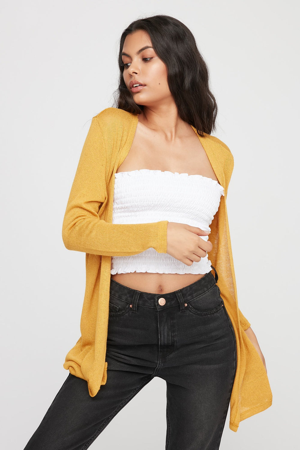 Women Open-Front Basic Longline Cardigan Mustard